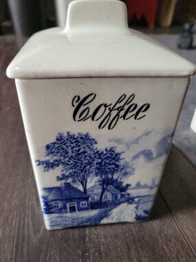Minerva Porcelain COFFEE Canister Blue White Farms Tractor Germany Vtg 8x4x4in